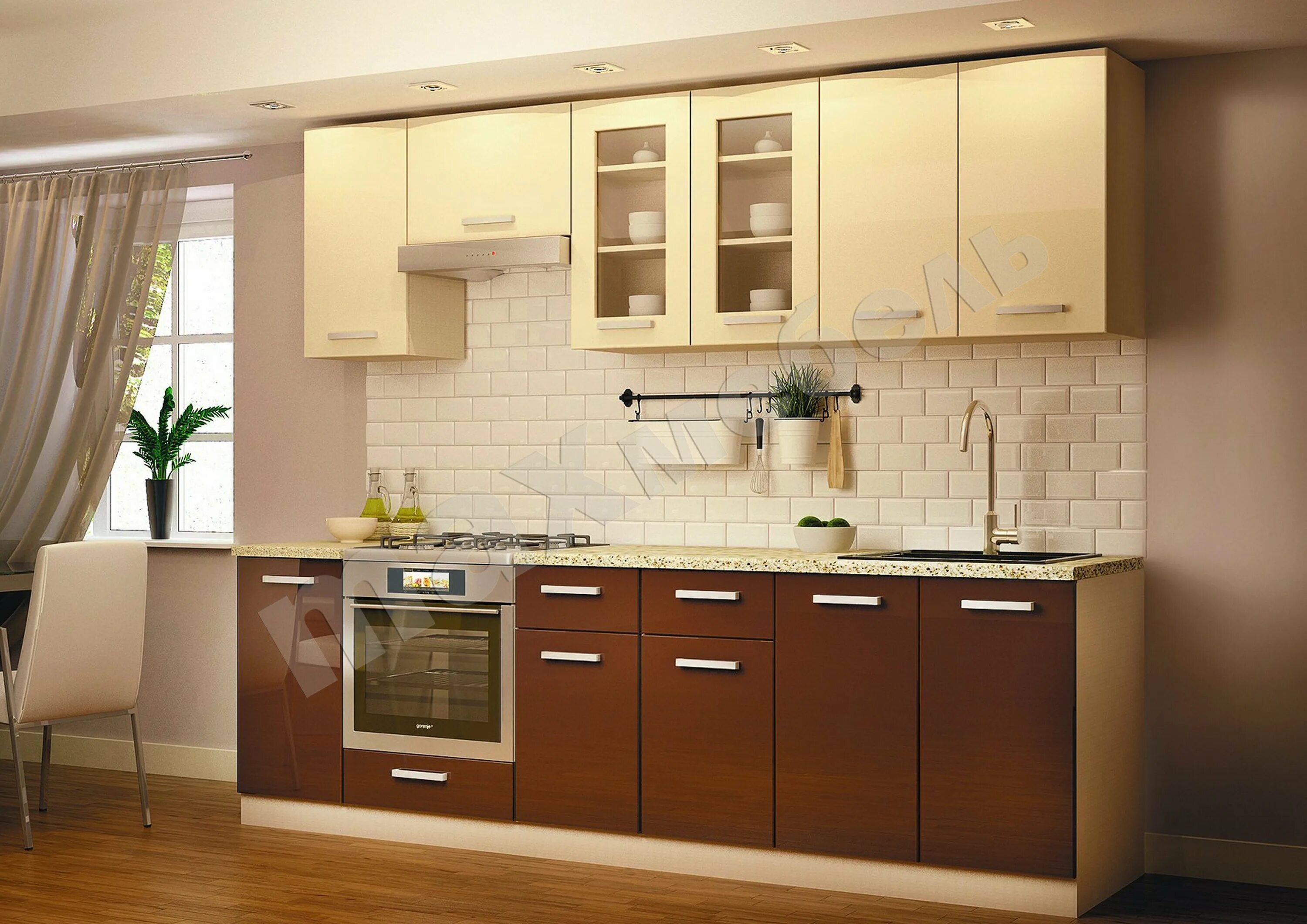 Кухонный гарнитур молочный цвет фото MAXmebel " Модульный ряд кухня фасад МДФ глянец "шоколад светлый + ваниль