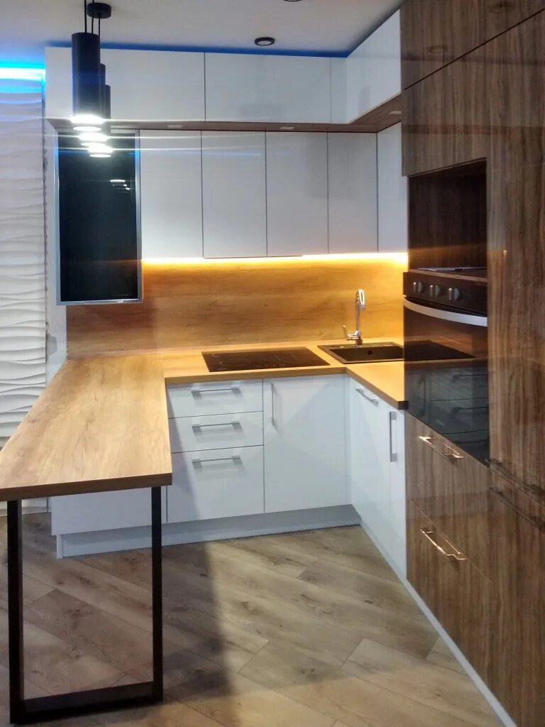 Кухонный гарнитур п образный фото Современная п-образная кухня с барной стойкой от производителя