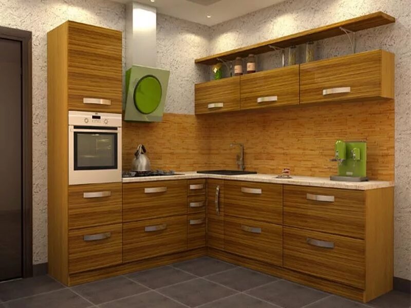 Кухонный гарнитур под дерево фото 3 метра Кухня 1463 - Угловая кухня из шпона под дерево с открытыми полками, встроенной д