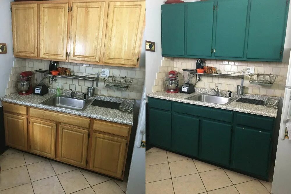 Кухонный гарнитур после покраски фото Renter's Kitchen Cabinet Cover Up