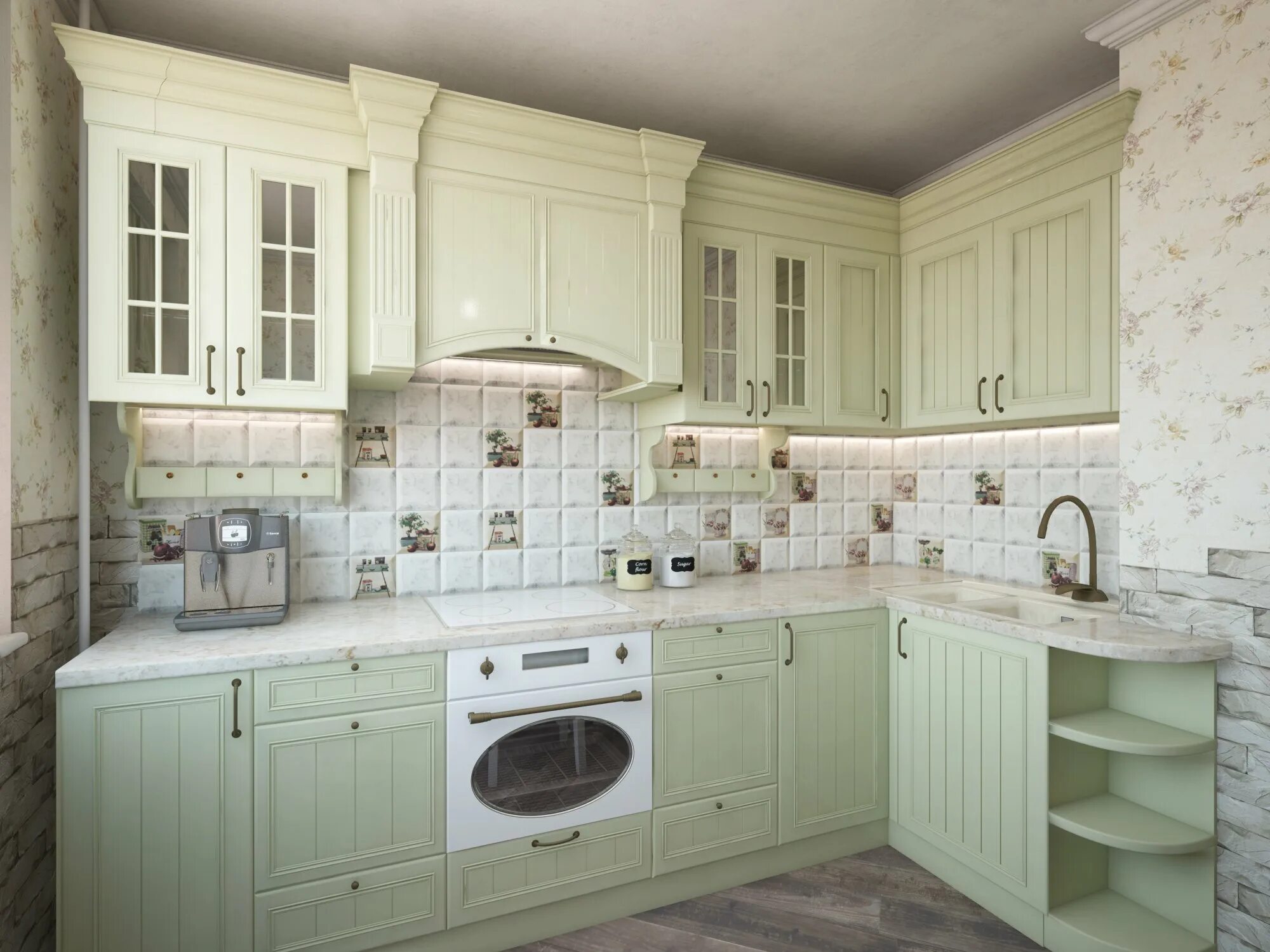 Кухонный гарнитур прованс фото Кухня в стиле прованс в малогабаритной кухне мятного цвета - 96 фото