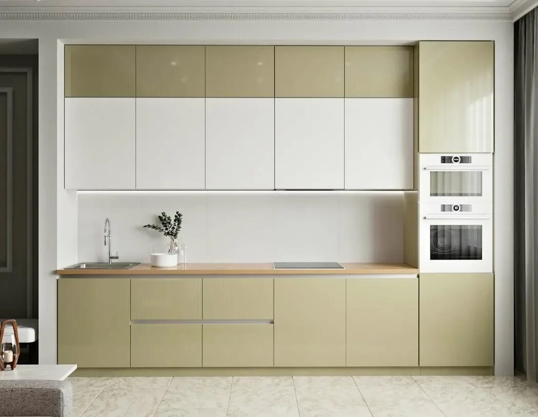 Кухонный гарнитур прямой в интерьере Кухня глянец Белый-зеленый чай - УНО Мебель