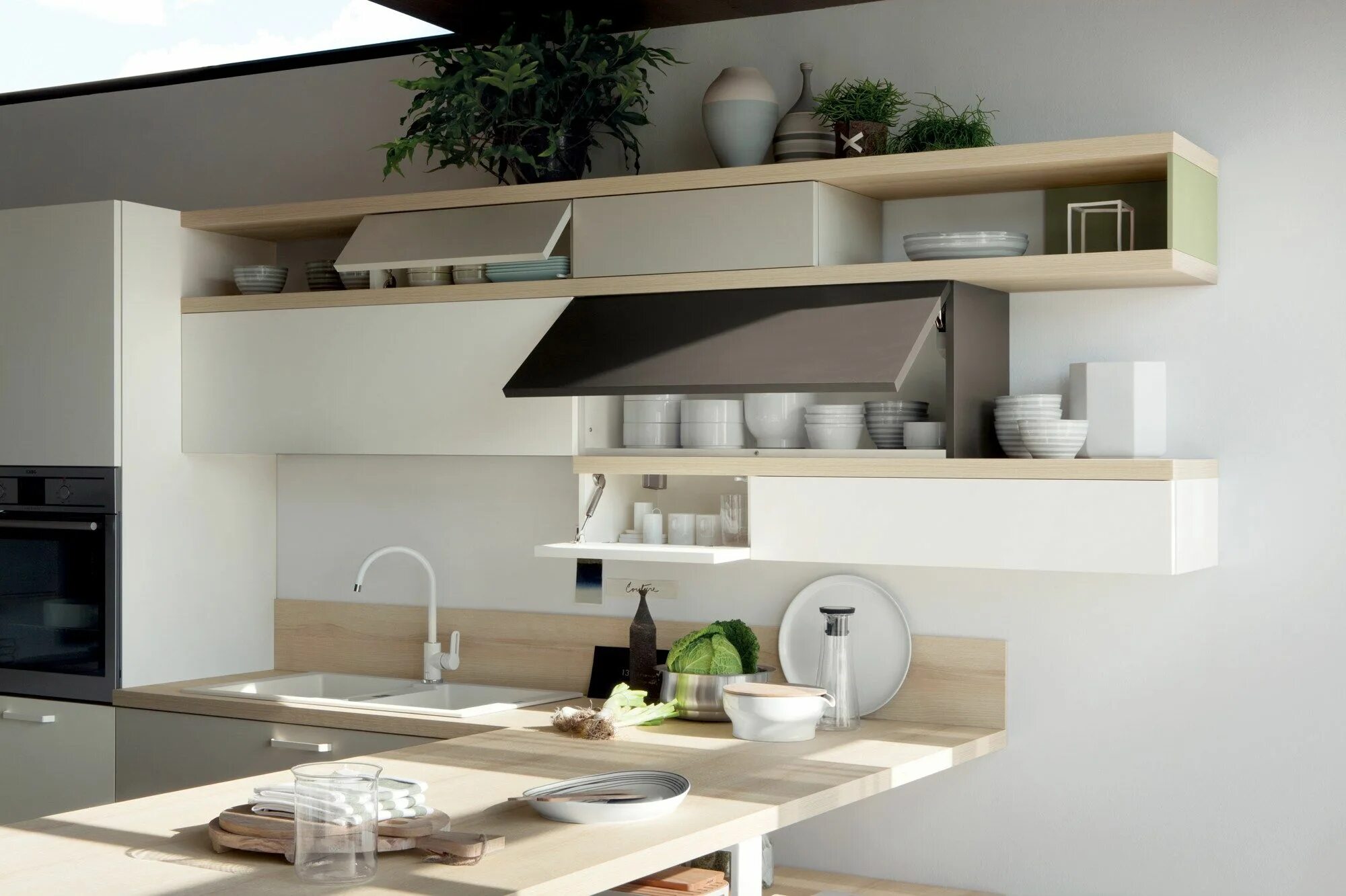 Кухонный гарнитур с открытыми полками сверху фото Скачать каталог и узнать цены на Foodshelf By scavolini, кухонный гарнитур дизай