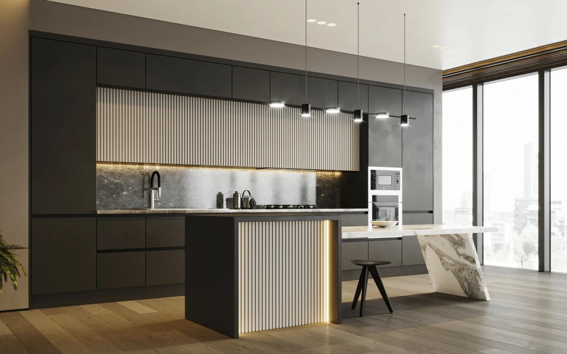 Кухонный гарнитур с рифлеными фасадами фото Кухня "Сэнди" из МДФ с реечными фасадами - Фабрика мебели "Мебиус"