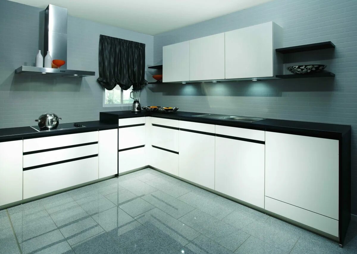 Кухонный гарнитур с ручкой гола фото Глянцевая кухня без ручек - 69 фото