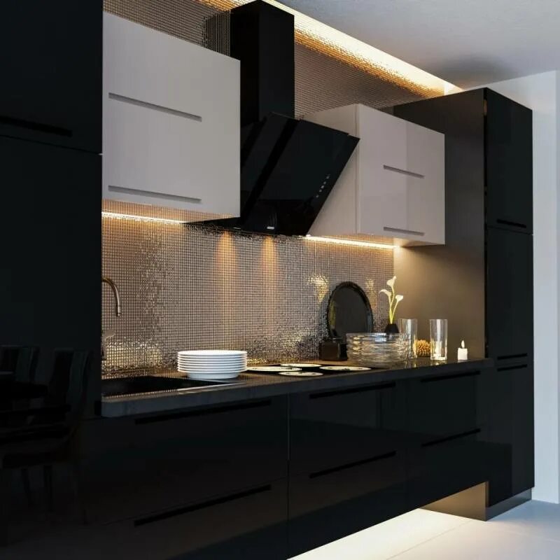 Кухонный гарнитур с вытяжкой фото Кухня с наклонной вытяжкой: 40 фото готовых интерьеров (и шкафов)