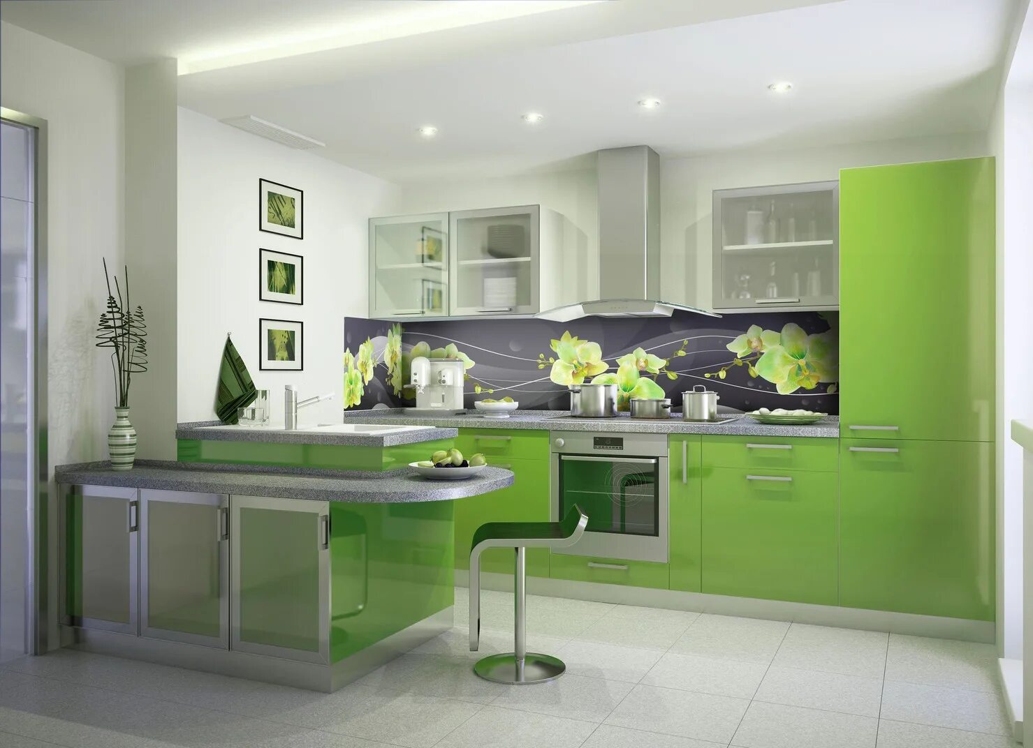 Кухонный гарнитур салатового цвета фото Кухня со стеклом Рита Корпусная и кухонная мебель на заказ по низким ценам в Кра