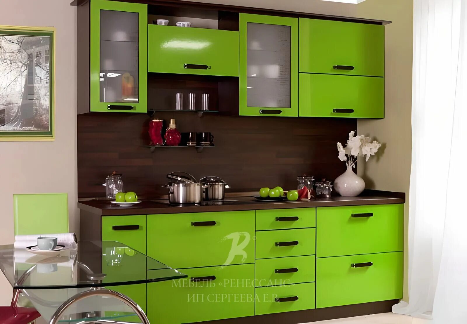 Кухонный гарнитур салатового цвета фото Зеленая кухня на заказ купить недорого в Москве - цена изготовления кухни зелено