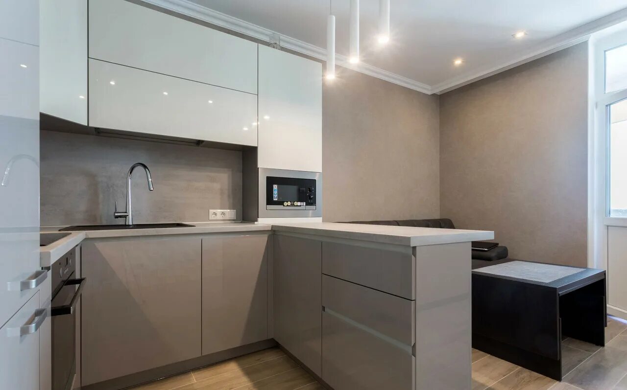 Кухонный гарнитур серо бежевый фото Интерьер бежевой глянцевой кухни (много фото) - dizainmix.ru