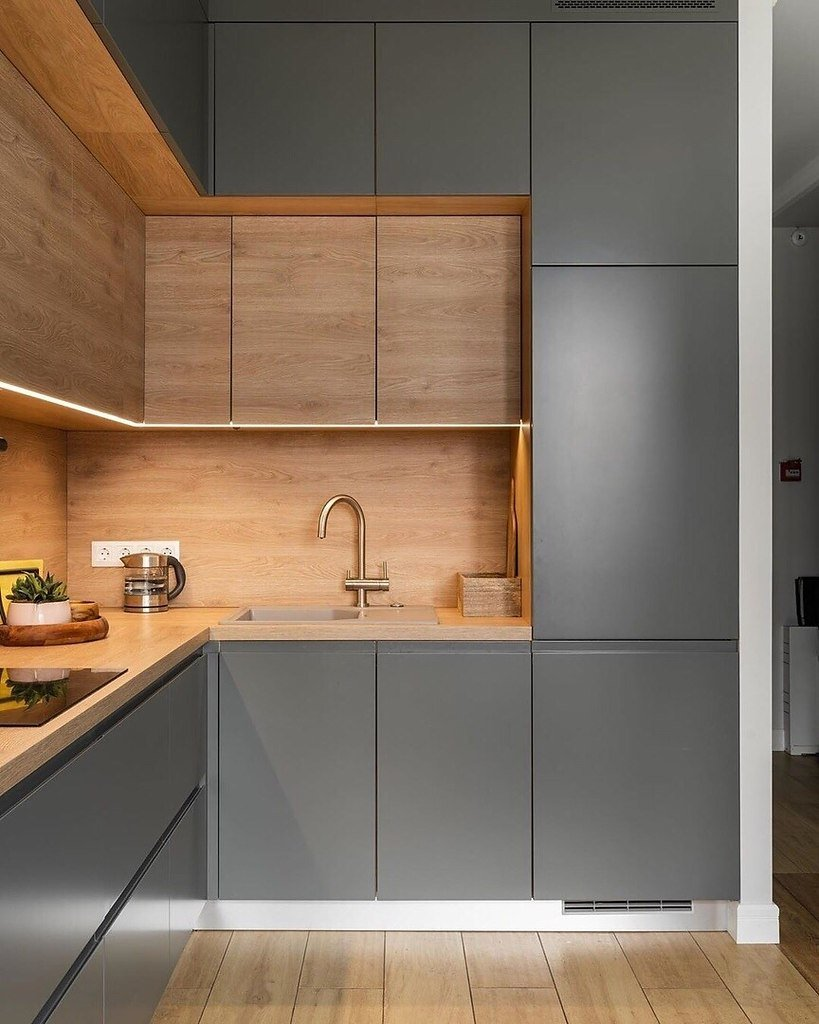 Кухонный гарнитур серый с деревом фото Идеи дизайна интерьера Kitchen furniture design, Kitchen design decor, New kitch