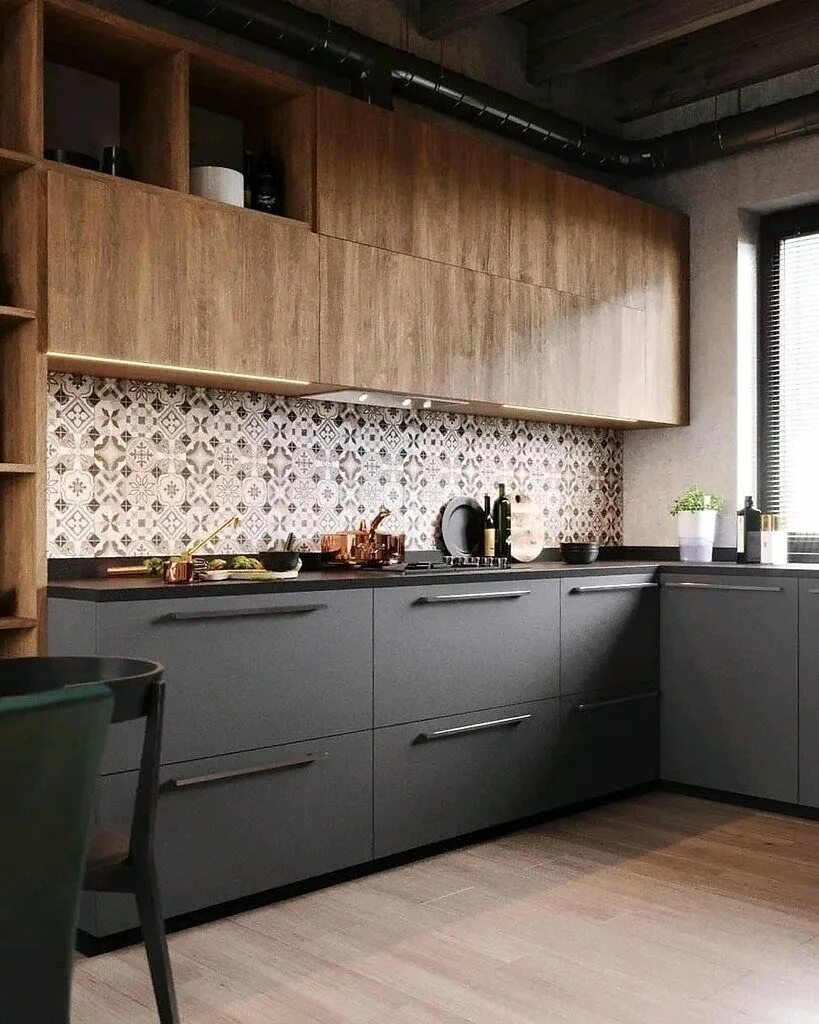 Кухонный гарнитур серый с деревом в интерьере Кухни: Кухня на заказ от производителя фабрика корпусной мебели в интернет-магаз