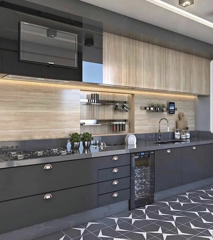 Кухонный гарнитур серый с деревом в интерьере Pin de Emma killington em Kitchens Cozinha com cooktop, Cozinhas modernas, Desig