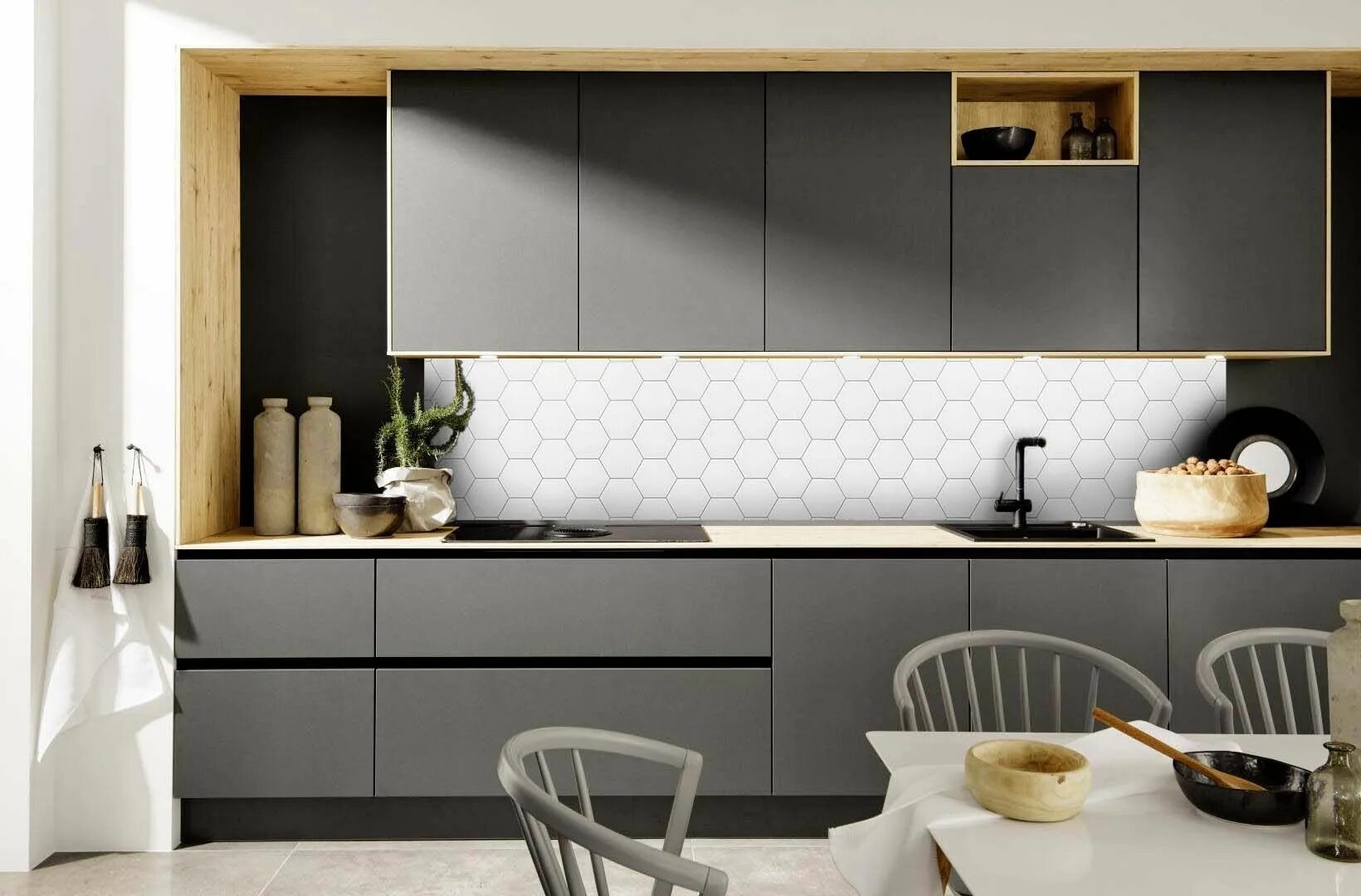 Кухонный гарнитур современный дизайн 2024 фото Фартук кухонный на стену панель 3000х600х1 мм / Панель стеновая "ГЕКСАГОН" ПВХ п