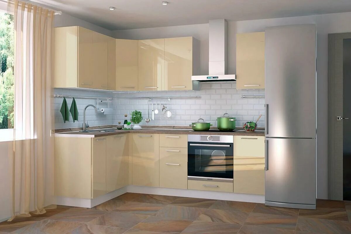 Кухонный гарнитур светлый фото дизайн Угловая кухня Логика-10 Ваниль глянец - купить недорого в Москве, цена от 54 653