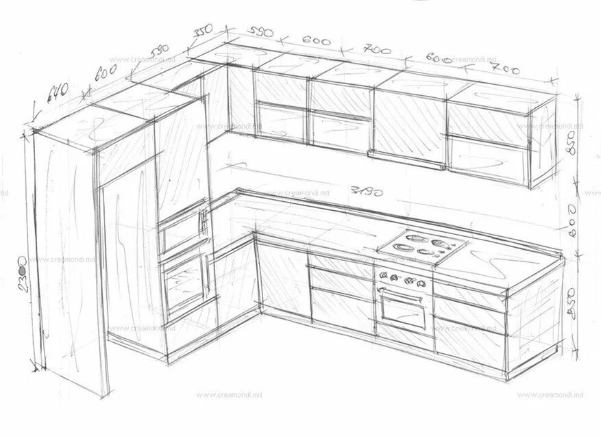 Кухонный гарнитур своими руками чертежи Угловая кухня в новострой. в Молдове. Эскизы и чертежи мебели от Creamondi. Черт