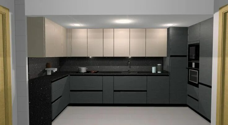 Кухонный гарнитур цвет графит фото Combinación de muebles en roble gris con veta horizontal y lacado en arena brill