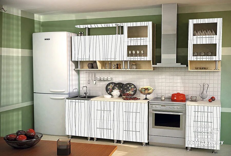 Кухонный гарнитур уфа недорого фото Кухня 2,0 № 11 "Дольчетто" (МДФ металлик) (Дуб/Страйп белый металлик) EsandwichV