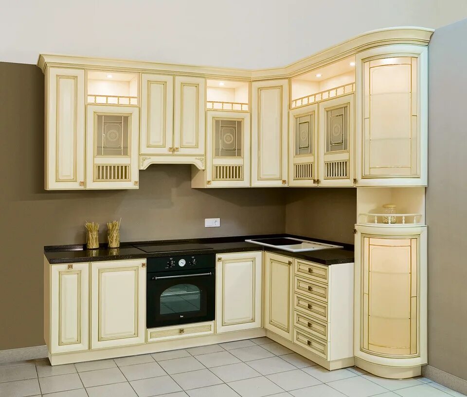 Кухонный гарнитур угловой с витриной фото Классический угловой: найдено 79 изображений
