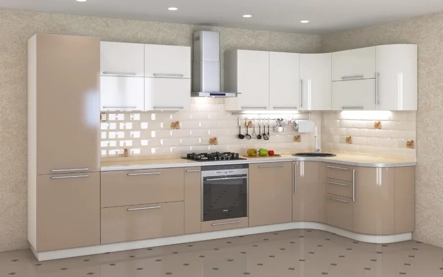 Кухонный гарнитур угловой современный светлый фото дизайн Кухня Латте - УНО Мебель