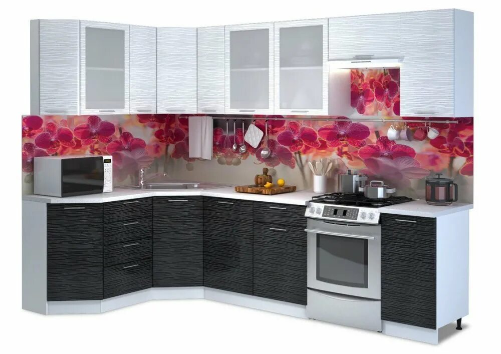 Кухонный гарнитур в астрахани цены и фото Модульная кухня "Валерия" (страйп белый/черный) купить недорого в Новосибирске