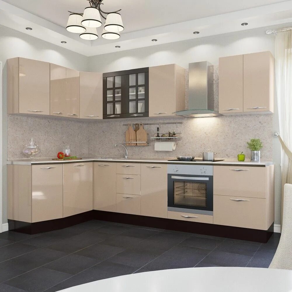 Кухонный гарнитур в бежевых тонах фото Modern Beige Kitchen Cabinets with Black Tile Flooring