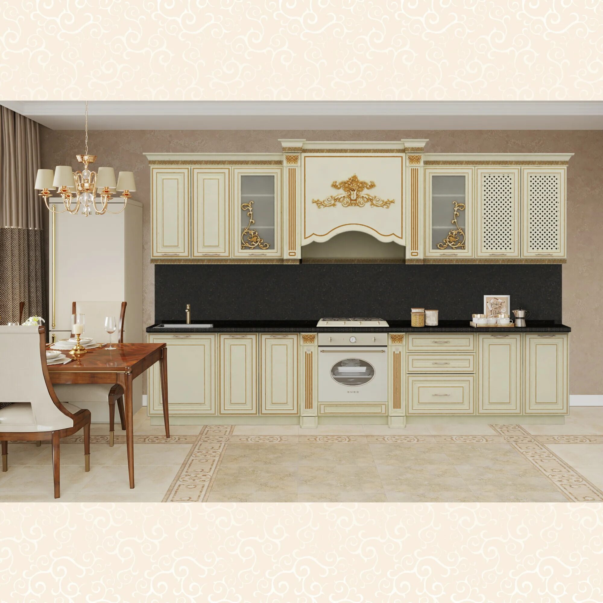 Кухонный гарнитур венеция угловой фото цена Кухонный гарнитур "Венеция" прямая 3,60 (Крем, Золото, Черный/бронза 38мм) купит