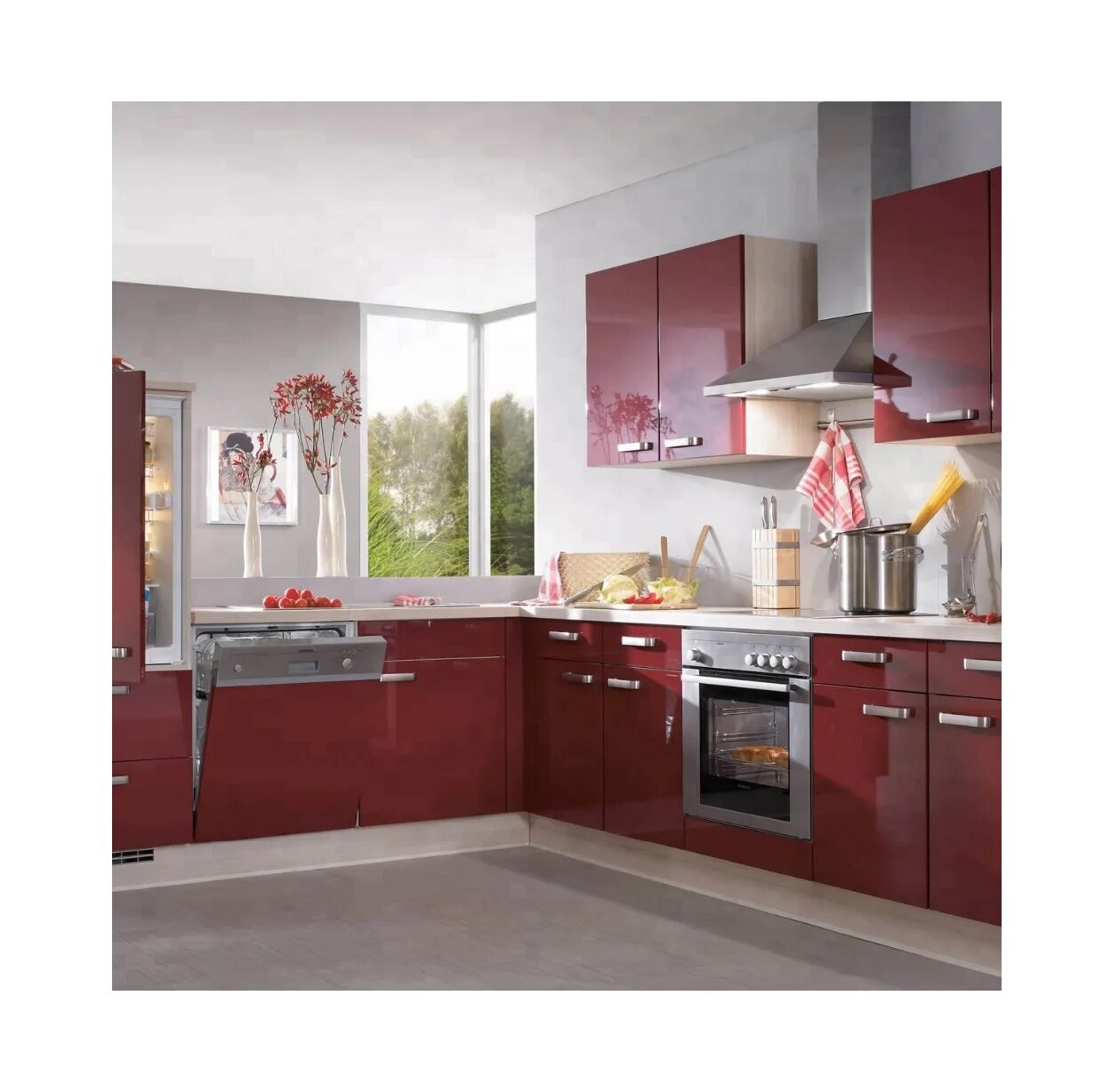Кухонный гарнитур вишневый цвет фото Современные Кухонные Шкафы С Глянцевым Красным Лаком,Распродажа - Buy Высокий Гл