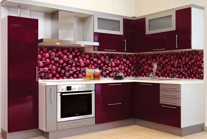 Кухонный гарнитур вишневый цвет фото Фотообои для кухни. Стеклянные панели. Скинали, кухонный фартук. "Вишни"