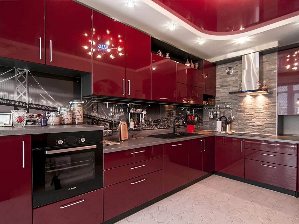 Кухонный гарнитур вишневый цвет фото Дизайн кухни бордового цвета, сочетание с белым, желтым цветом