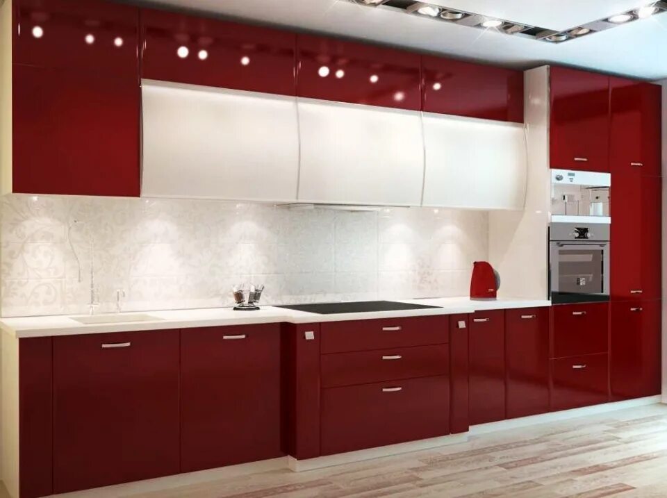 Кухонный гарнитур вишневый цвет фото Модульная кухня с гладкими фасадами в пластике глянец недорогая на заказ в Москв
