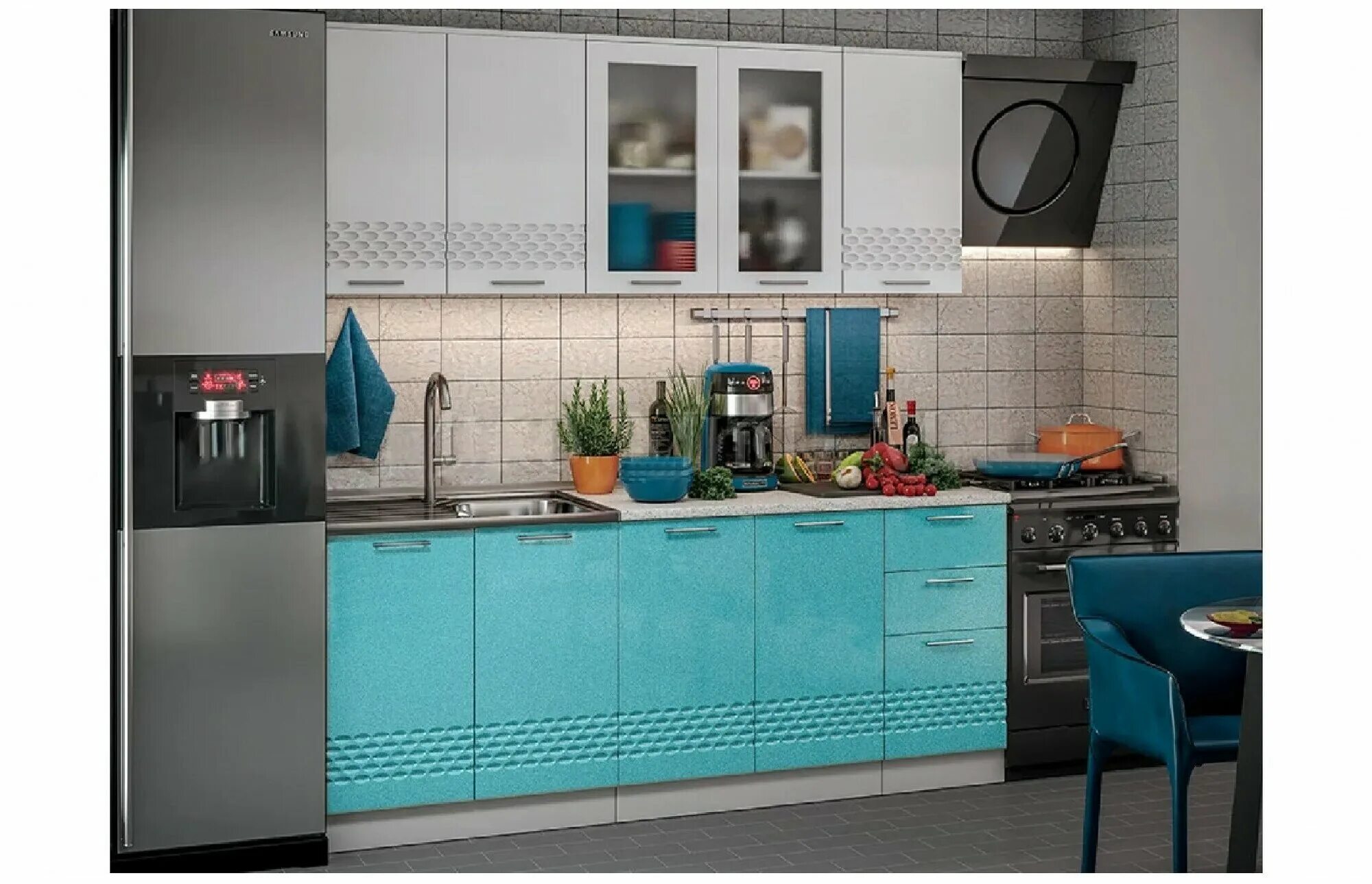 Кухонный гарнитур волна фото Кухня МДФ 2000 Волна (Белый глянец холодный/Бирюза металлик, Белый) - купить в и