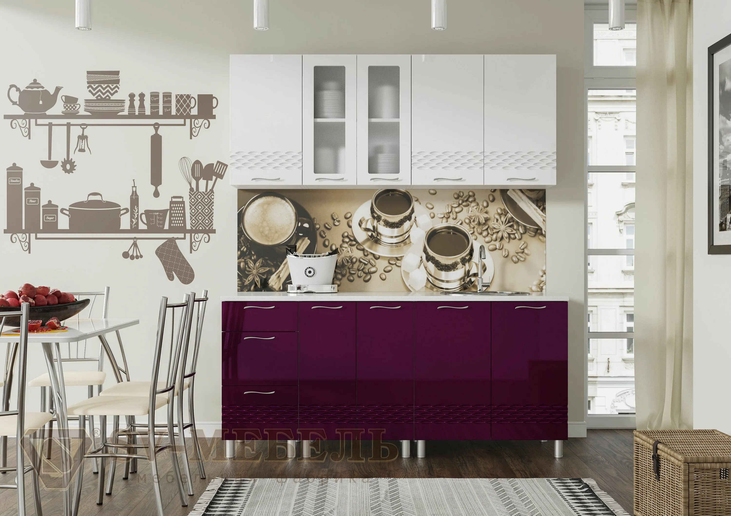 Кухонный гарнитур волна фото Купить Кухонный гарнитур SV-мебель Волна (1,8 м) 720 Белый глянец/Баклажан/Корпу