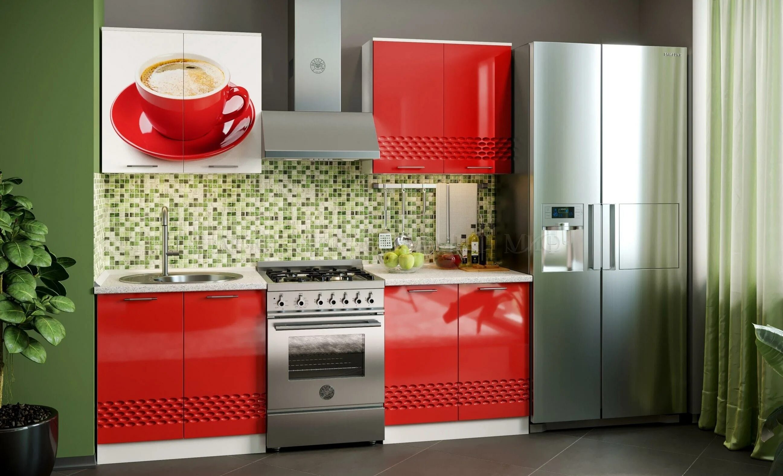 Кухонный гарнитур волна фото Кухня Волна, фотопечать, 1600, металлик красный арт. 79164J в интернет магазине 