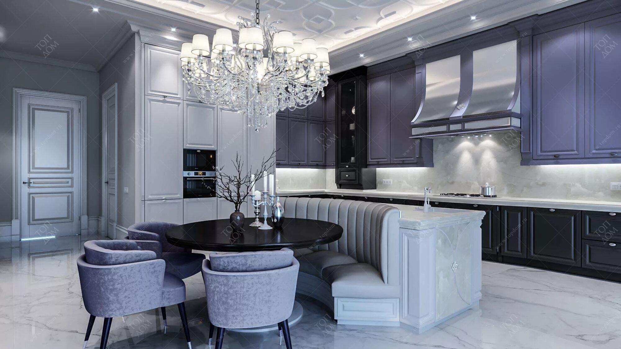 Кухонный интерьер 2024 Черные и лиловые шкафы в интерьере белой кухни