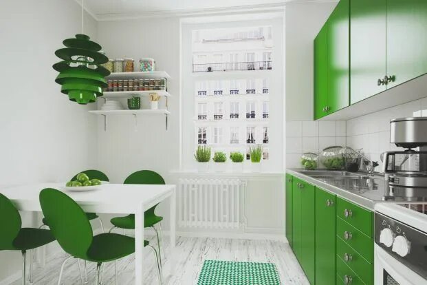 Кухонный интерьер в зеленом цвете Le vert apporte une touche végétale et de la lumière à votre cuisine ! Home deco
