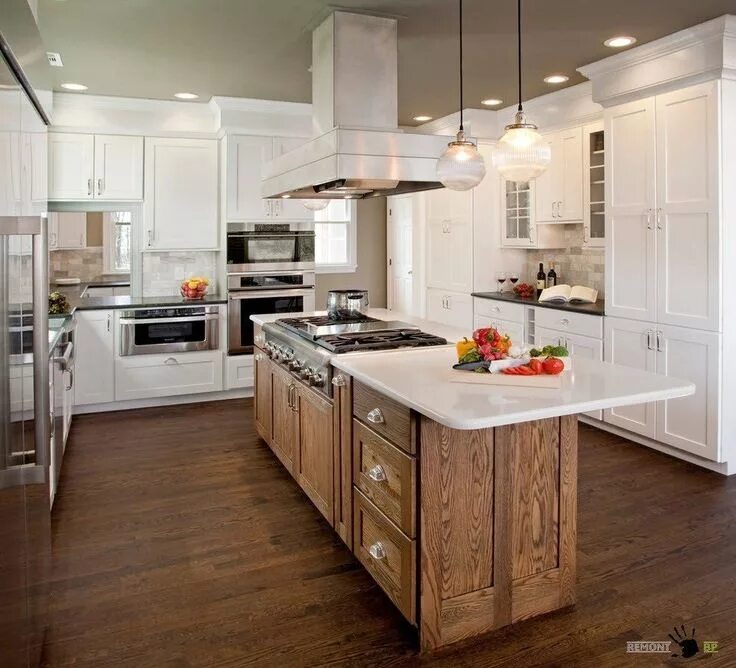 Кухонный остров фото в интерьере Вытяжка над островом Оформление кухонного острова, Кухня в стиле ретро, Островна