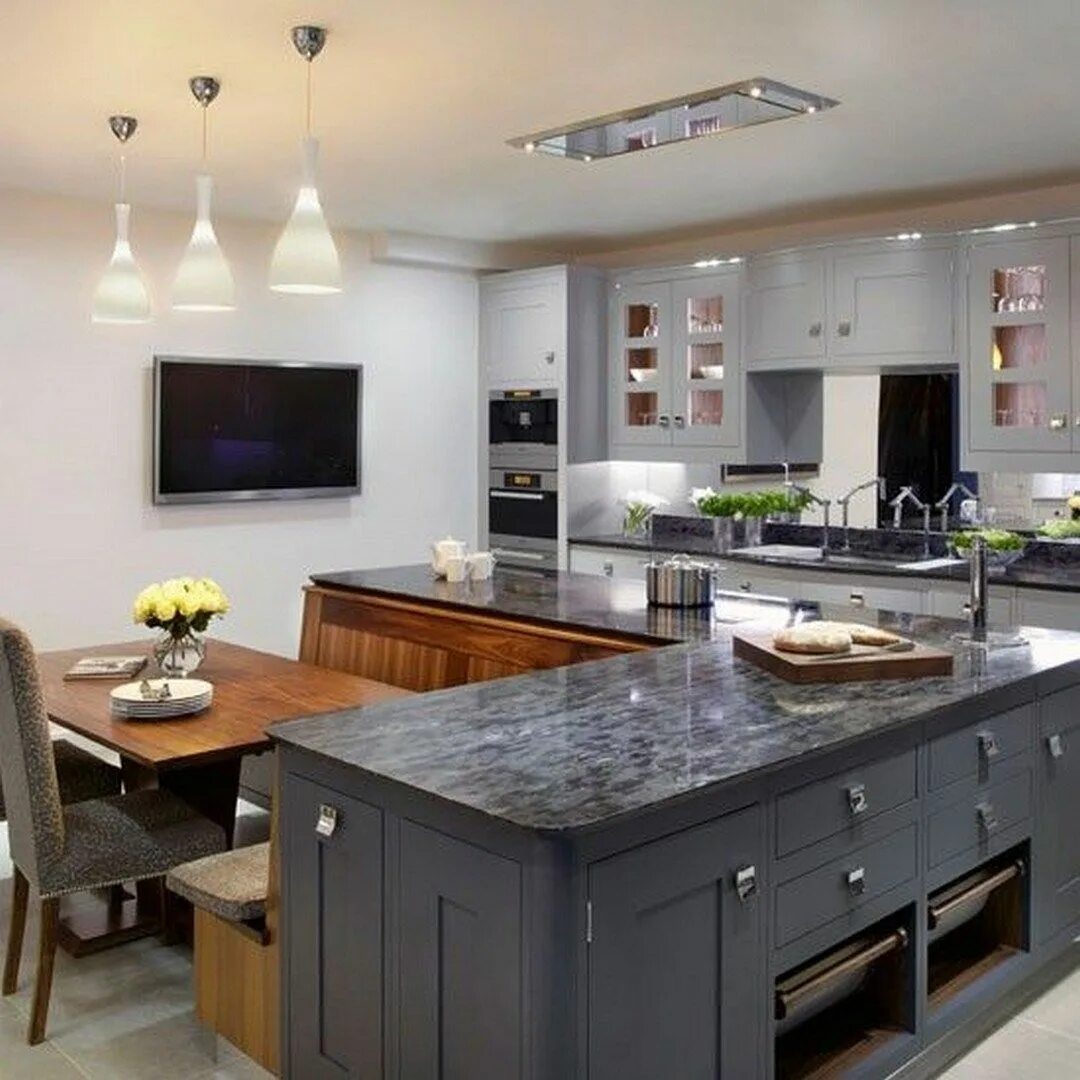 Кухонный остров с обеденной зоной фото 41 Elegant L Shaped Kitchen Design Ideas (22) Kitchen island booth, Kitchen boot