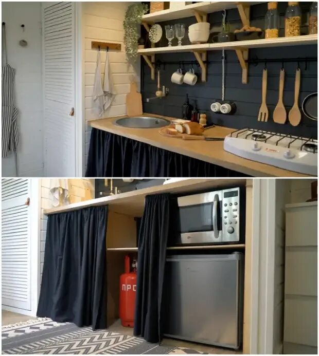 Кухонный шкаф со шторкой вместо двери фото Летний домик за 200 тыс. руб.: интересный опыт российских супругов - Сам себе ма