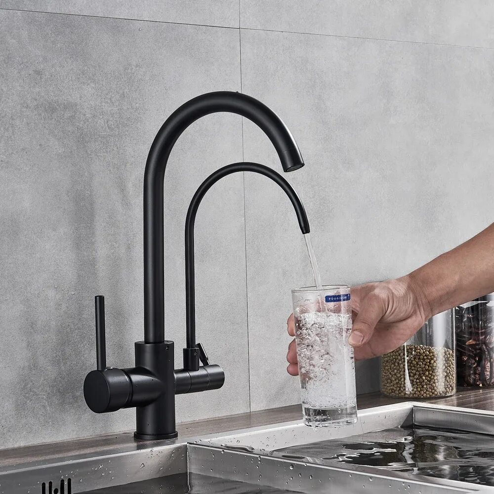 Кухонный смеситель с подключением питьевой воды Купить Черный очищающий кухонный смеситель на бортике с двойной ручкой для очист
