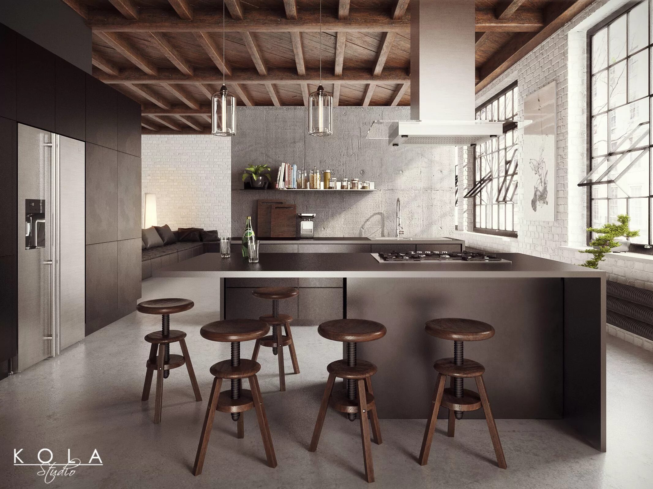 Кухонный стиль лофт Loft kitchen visualization, design: KOLA Studio; tags: wooden ceiling, concrete 