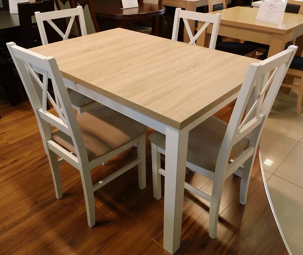 Кухонный стол раскладной светлый купить фото NIEDUŻY ZESTAW STÓŁ 80/120 do 150 + 4 KRZESŁA - 6939123387 - oficjalne archiwum 