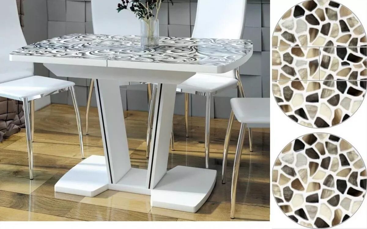 Кухонный стол раздвижной цена фото купить Стол обеденный Вектор со стеклом и фотопечатью 1100/1450x700x750 Чистый белый (3