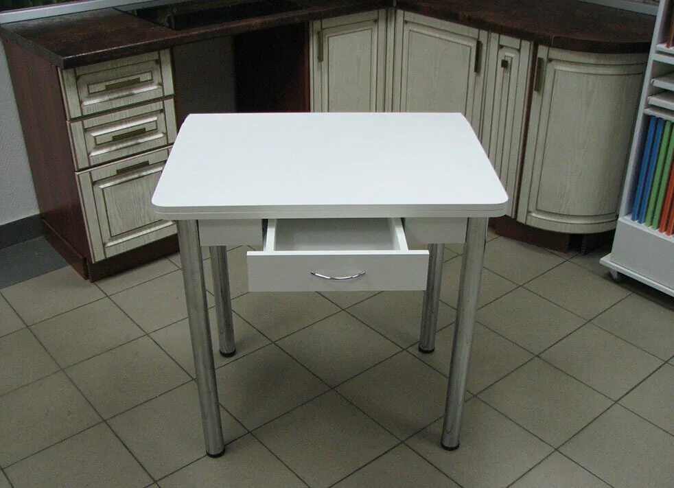 Кухонный стол с ящиком фото Стол Ломберный (поворотно-раскладной) с ящиком. Цвет: белый/ноги хром