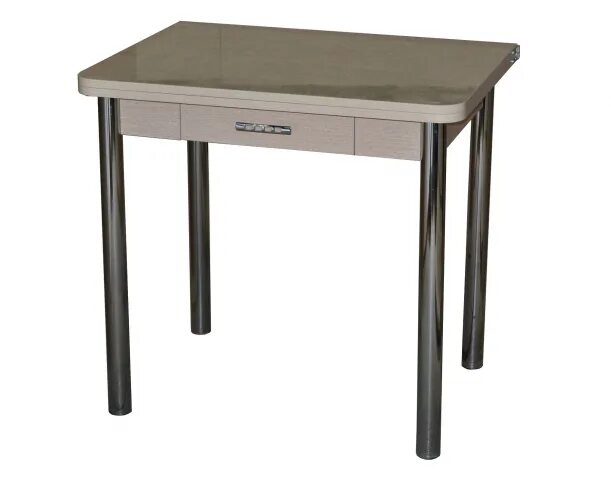 Кухонный стол с ящиком фото Стол раскладной "Ломберный" с ящиком (ножки хром), ясень шимо светлый в наличии 