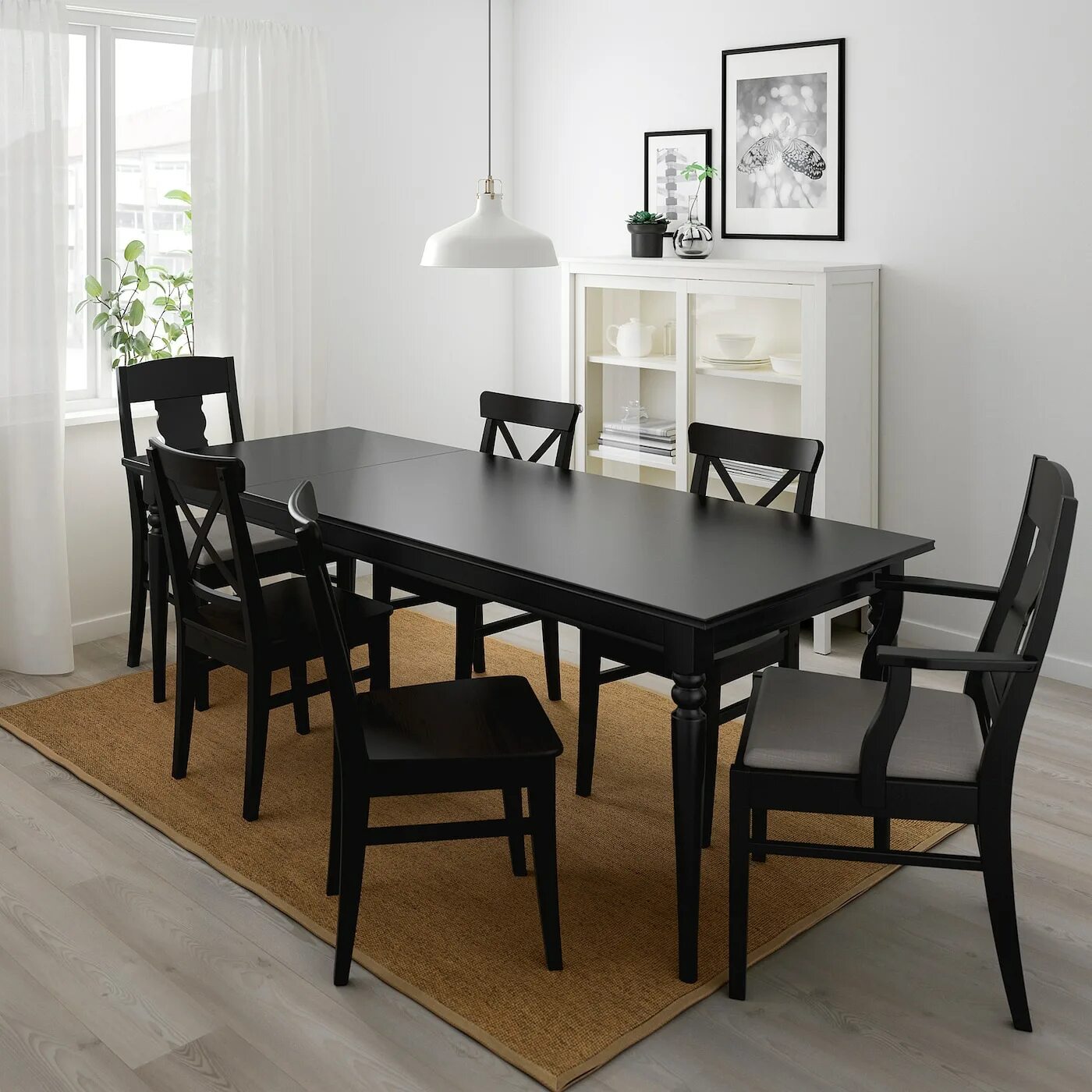 Кухонный стол темное дерево в интерьере INGATORP / INGOLF Table and 6 chairs - black/Nolhaga gray/beige - IKEA