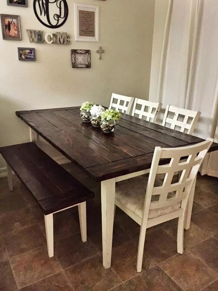 Кухонный стол темное дерево в интерьере White paint - bear marquee, sanded down. Minwax red mahogany stain. Table legs 2