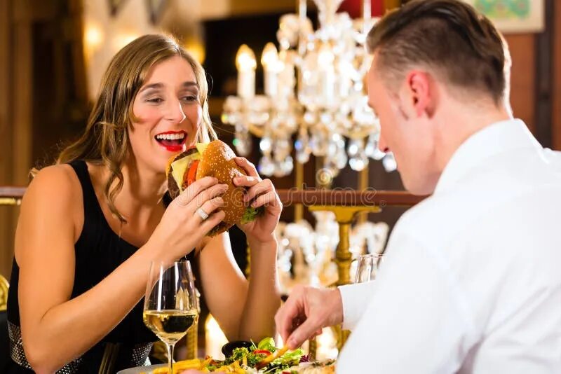Кушать в ресторане фото Happy Couple in Restaurant Eat Fast Food Stock Image - Image of fine, male: 3591