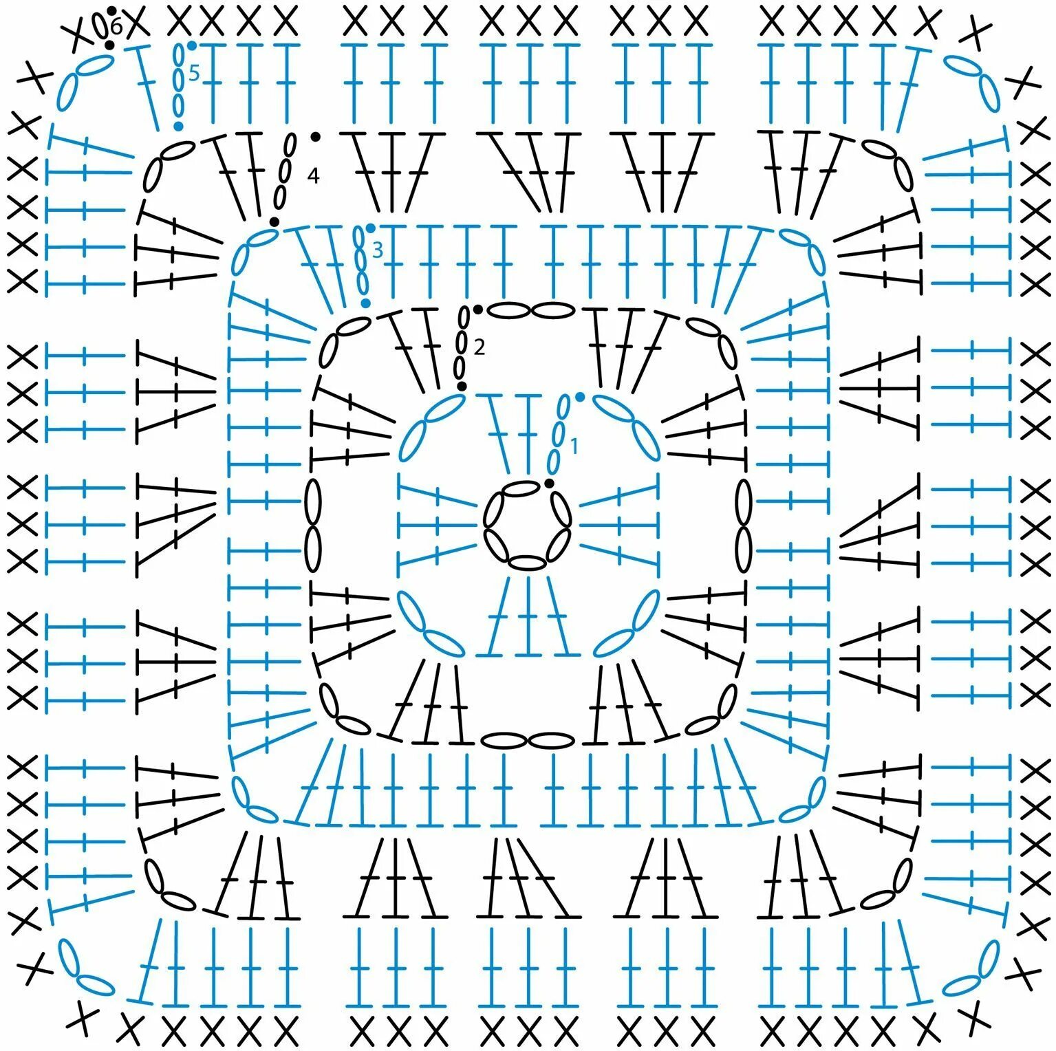 Квадрат крючком схема #crochet, several free patterns (written + chart) for granny square, #haken, gra