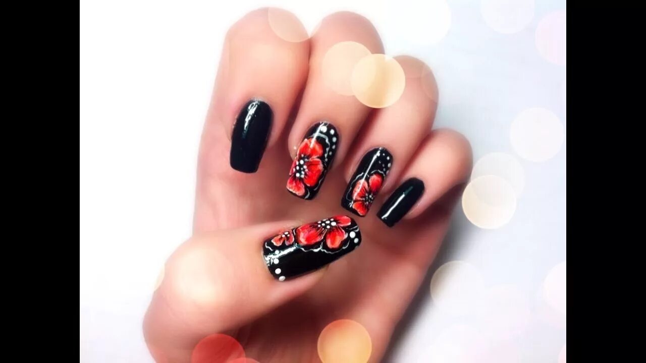 Квадрат маникюр черный с красными цветами Spanish Nail Art Design ☼ Poppy ☼ Маникюр с маками ☼ - YouTube