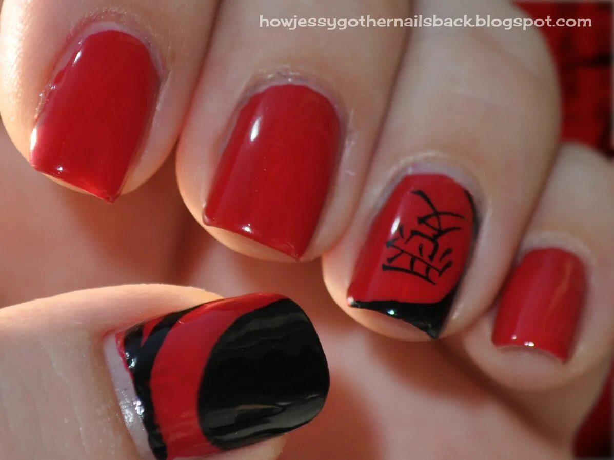 Квадрат маникюр черный с красными цветами red & black chinese symbol nails - love Nails, Square nails, Cute nail art